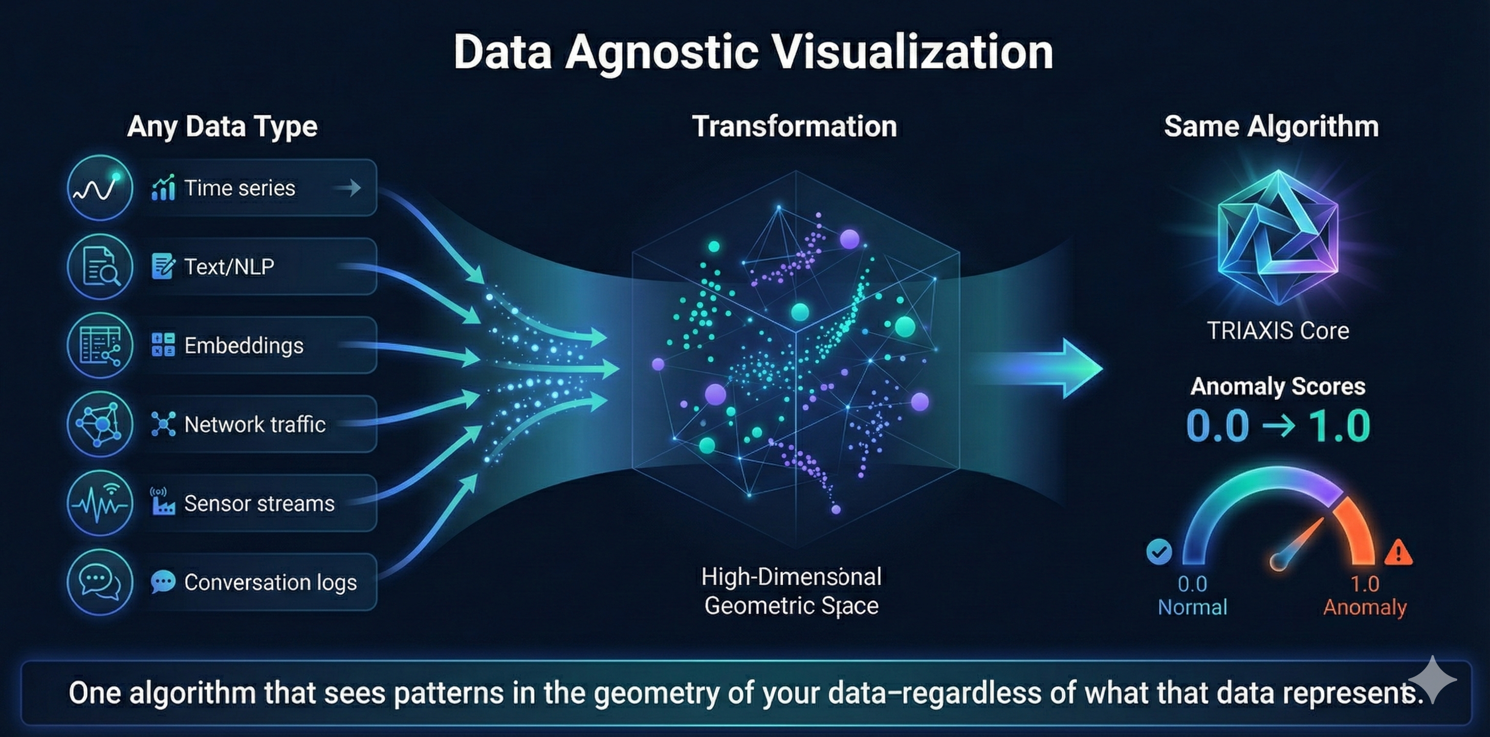 Any data type flows into high-dimensional geometric space where Triaxis AI detects behavioral signals using the same algorithm