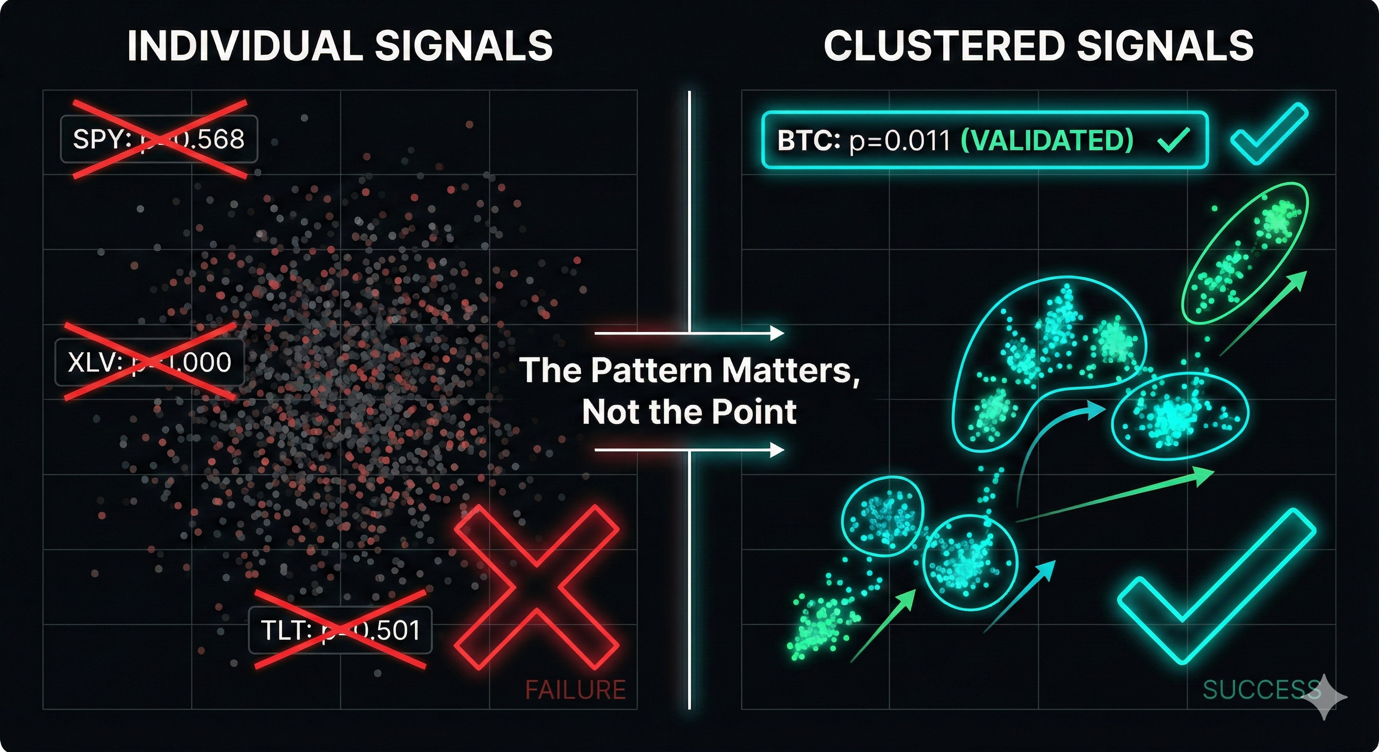 Individual signals are noise vs clustered signals show validated predictive power